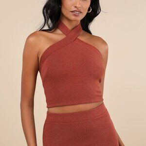 Lulus Rust Red Knit Halter Crop Top - XL